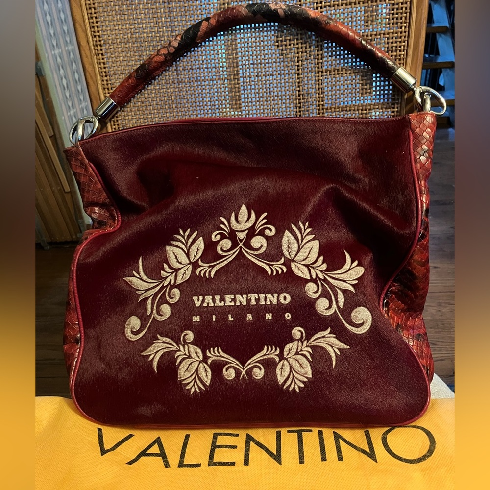 Valentino Hair Calf, Pebble Leather, Python Combo Shoulder Bag with Dustcover